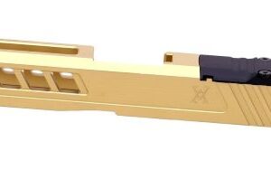 Gold-colored handgun slide with ported cutouts and a mounted rear sight on top (informational image of a firearm accessory).