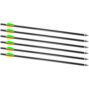 Six black pens lined up diagonally, each with a bright green-yellow sticker near the left end.