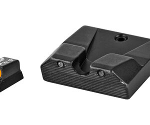 Front and rear iron sights for a firearm; orange fiber-optic front sight paired with a black rear sight.