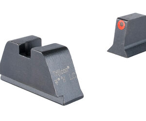 Two gray pistol sights (front and rear) with an orange alignment dot.