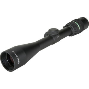 Black riflescope with a large objective lens, adjustment turrets, and magnification dial visible against a white background.