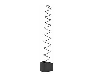 Coiled metal spring rising from a small black base, standing upright on a white background.