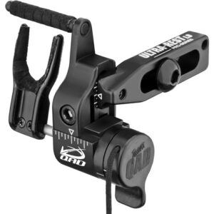 Archery release aid with adjustable trigger and wrist strap in black, mounted on a rail mount.