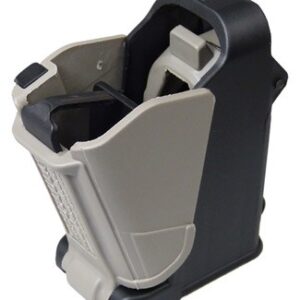 Handheld labeler/tape dispenser with gray body and black top, opened to reveal the tape feed and cutter area.