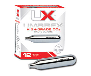 UX High-Grade CO2 cartridge box with a silver CO2 cartridge in front; 12-count package.