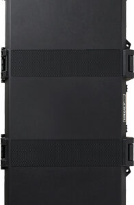Large black portable PA speaker cabinet with multiple handle latches and rugged case panels.