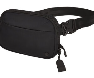 Black fanny pack with an adjustable strap and zippered compartments for carrying small items.