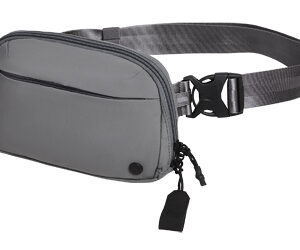 Gray nylon fanny pack with an adjustable black strap and zippered pockets, shown with a small hanging tag on the zipper pull.