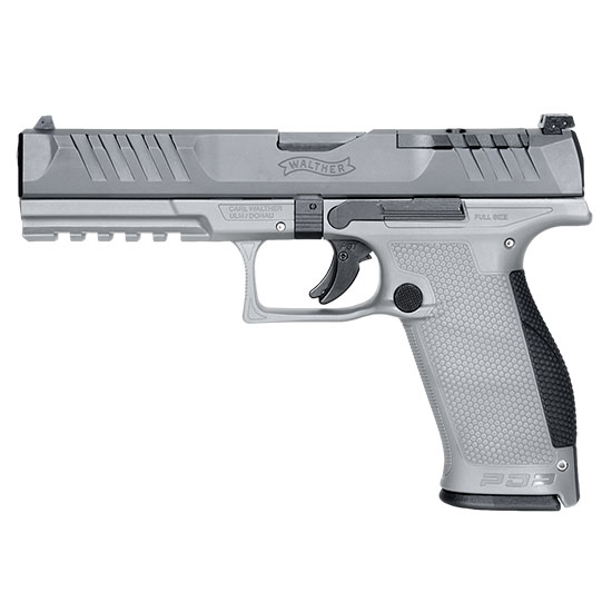Side view of a gray Walther PPQ semi-automatic pistol with a textured grip.