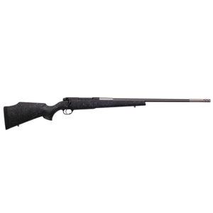 Bolt-action rifle with a black speckled stock and long barrel.