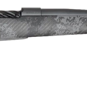 Bolt-action sniper rifle with gray camouflage stock and long barrel, featuring a perforated muzzle brake at the end.