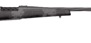 Bolt-action rifle with a long barrel and black synthetic stock, shown in side profile.
