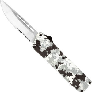 Tactical knife with a silver blade and serrated portion, and a digital camouflage handle visible against a white background.