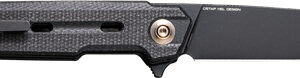 Black folding knife with textured black handle and an extended drop-point blade open for use (thumb stud visible)