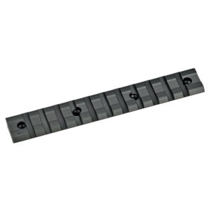 Black plastic multi-position terminal strip with evenly spaced slots and screw holes.