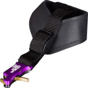 Close-up of a black adjustable nylon strap with a purple metal quick-release buckle and a small gold latch, ending in a loop.