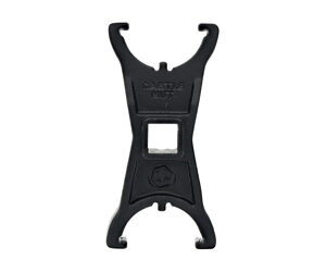 Black plastic mounting bracket with two curved clamps and a square central opening, likely a mounting adapter.