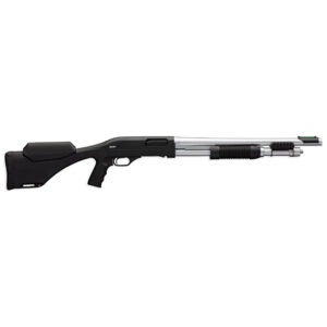 Pump-action shotgun with a black stock and grip, and a long silver fore-end and barrel.