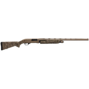 Camouflage-pattern hunting shotgun with a long tan barrel and pump-action forend.