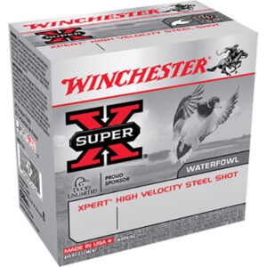 Winchester Super-X high-velocity steel-shot waterfowl shell box with a flying goose and prominent Winchester branding.