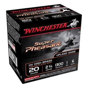 Winchester Super Pheasant upland game shotgun shells box, 20 gauge, 2 3/4 inch, copper-plated shot, 1,300 fps, 6 shot