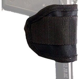 Semi-automatic pistol with a black fabric strap wrapped around the grip.