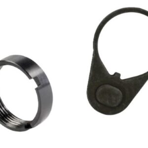 Two black metal hardware parts: a threaded ring on the left and a circular loop with a tab on the right.