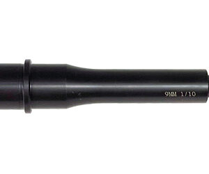 Black metal cylindrical adapter with a threaded right end and a flared left collar; features the marking '9MM 1/10'.