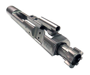 Disassembled semi-automatic pistol slide and barrel assembly with exposed muzzle and ejection port.