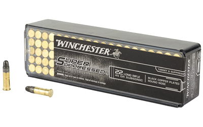 Box of Winchester Super Suppressed .22 LR subsonic ammunition with two loose rounds beside it