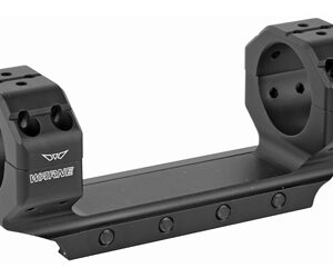 Two-ring scope mount attached to a straight rifle base rail for mounting optics on a firearm.