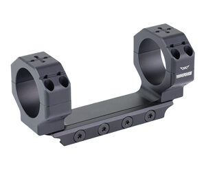 Two-ring scope mount with a short Picatinny rail section, designed to attach a rifle scope.