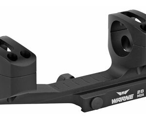 Black Warne 20 MOA two-ring rifle scope mount with Picatinny bases and rail on the side.