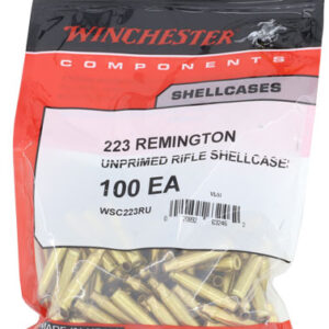 Bag of Winchester 223 Remington unprimed rifle shell cases, 100 pieces in red/black packaging.