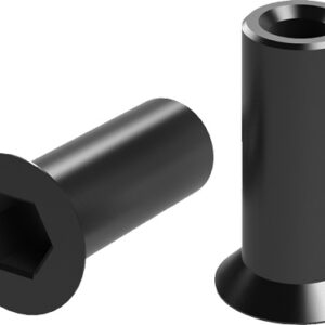 Two black hex-socket bolts; one lies on its side showing the hex recess, the other stands with a flanged base.