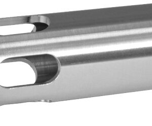 Shiny metal cylindrical mechanical part with a flanged left end and two long side slots; serial numbers stamped on the right.