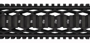 Black rifle handguard with multiple modular rail sections and numbered slots for accessory mounting (R1–R12).