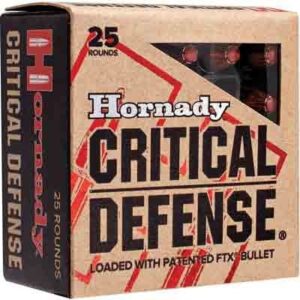 Box of Hornady Critical Defense ammunition, 25 rounds, loaded with patented FTX bullet