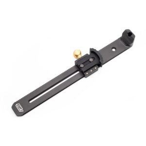 Black camera slider with sliding rail and mounting trolley, featuring a gold knob and clamp for accessory attachment.