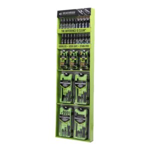 Tall lime-green display rack with Breakthrough Clean Technologies car detailing sprays and kits.