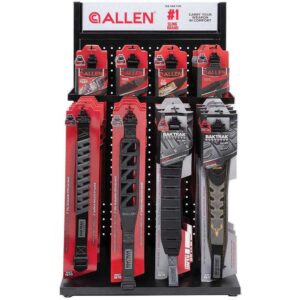 Retail display rack featuring Allen-brand saw blades and related accessories in red and black packaging on a pegboard backdrop.