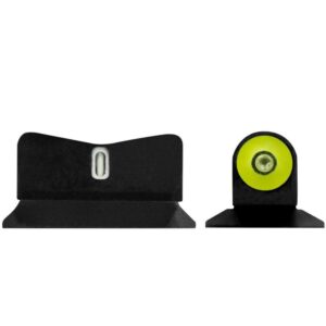 Two black metal mounting blocks on a white background, left with a vertical slot and right with a lime-yellow circular bearing.