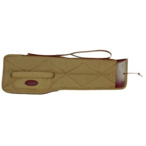 Long tan quilted carrying bag with a front zip pocket and a detachable shoulder strap.
