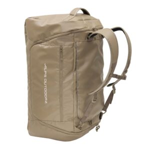 Beige hiking backpack with top handle, padded shoulder straps, and an external vertical zip pocket branded Alps Outdoorz on the front.