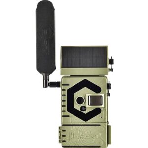 Camouflaged trail camera with a solar panel on top, external antenna, and a bold black logo on the front.