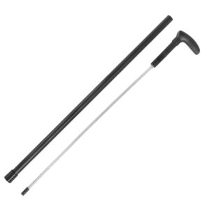 Black walking cane with a curved ergonomic handle and a long straight shaft, shown with a separate detachable cable component nearby.
