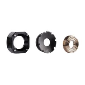 Set of three metal lens adapter rings: left is a black knurled square plate with four screws, middle is a silver circular ring with notches, right is a brass threaded ring.
