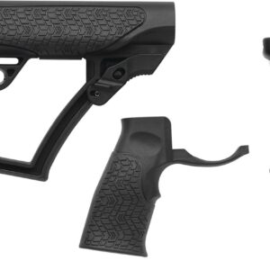 Black rifle stock, pistol grip, and foregrip accessories laid out separately on a white background.