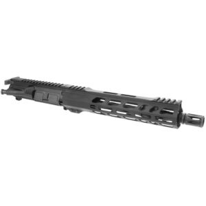 Black AR-15 style handguard with long vented rails and a muzzle device at the right end on a white background.