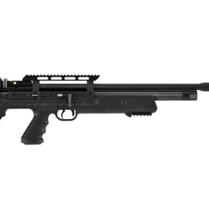Black precision rifle with scope, Picatinny rail, and adjustable stock facing right.